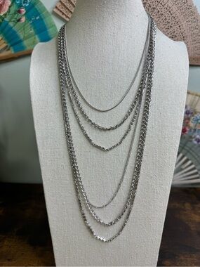 Vintage Layered Silver Tone Multi-Chain Necklace